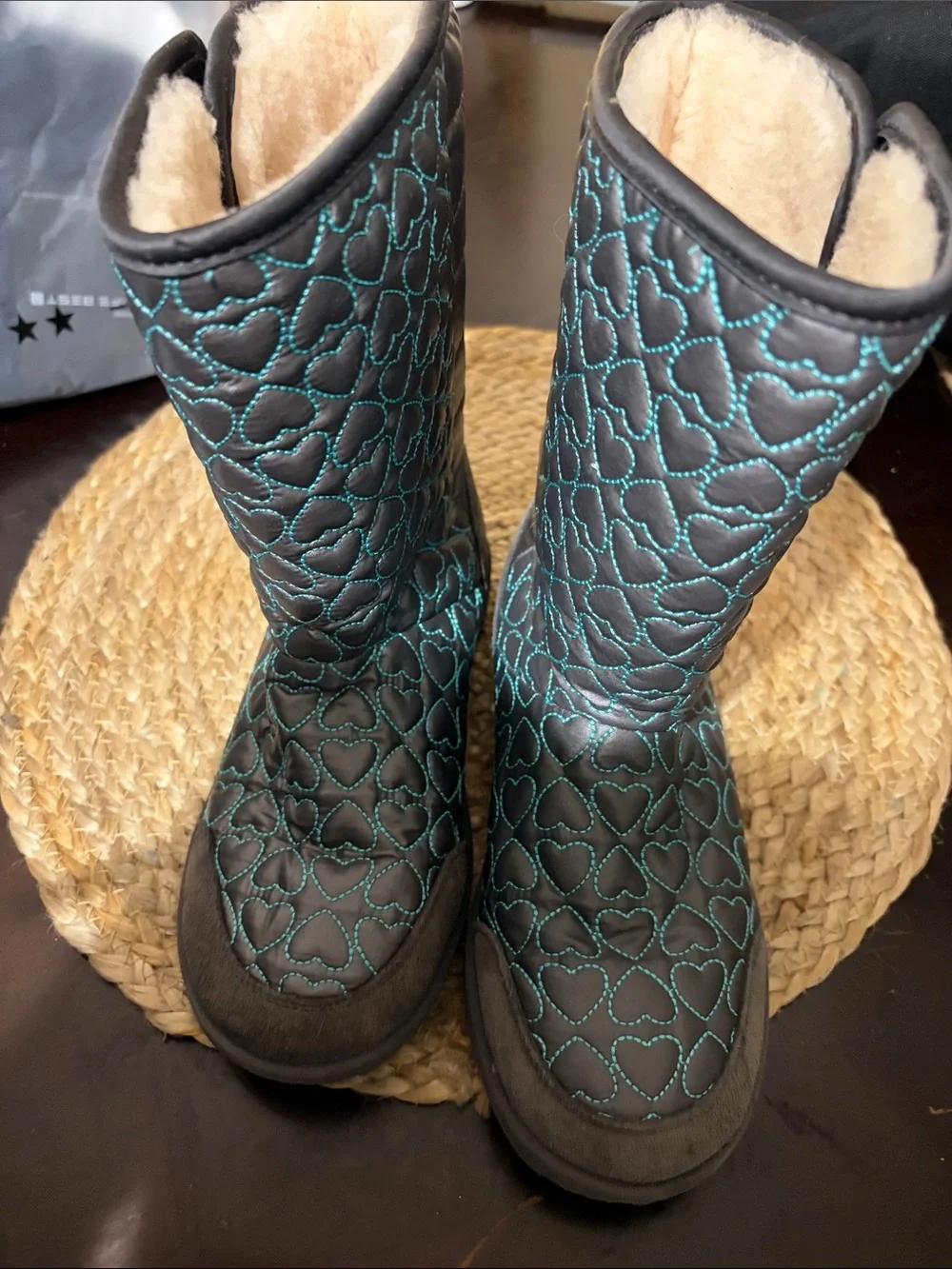 UGG Gray Quilted Heart Boots with Teal Accents